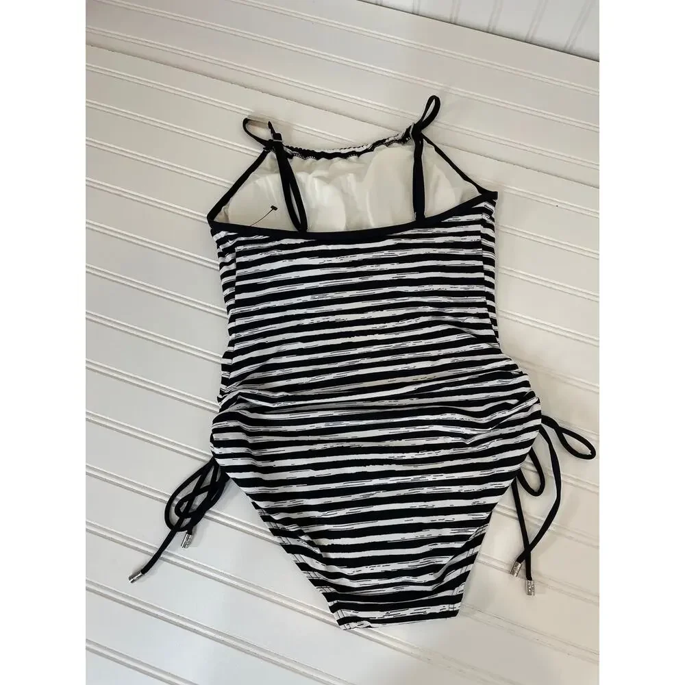 NWOT Michael Kors One Piece Bathing Suit Black & White Stripe Drawstring Side S